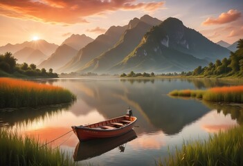 Obraz premium A small fishing boat on a calm body of water at sunset, with mountains in the background