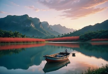 A small fishing boat on a calm body of water at sunset, with mountains in the background