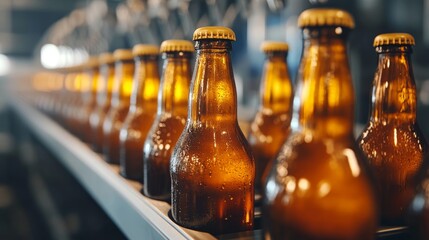 Close up of beer bottling line in a clean, bright factory with bottles of alcoholic drink