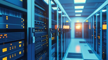 Blue-themed data center interior with networking equipment for secure digital communication. High-density servers, network racks, cables create dynamic infrastructure. Data storage solutions,