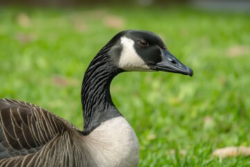 Fototapeta premium Close-up of cute Canada goose on green grass. Fluffy brown feathers, small beak, and cute wings. Domesticated goose in natural environment, possibly in park or farm.