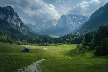 Bavarian mountain landscape in Germany with rolling hills, dense forest, serene lake. Towering Alps in background. Green meadows, blue sky, rustic old wooden buildings. Scenic view of rural