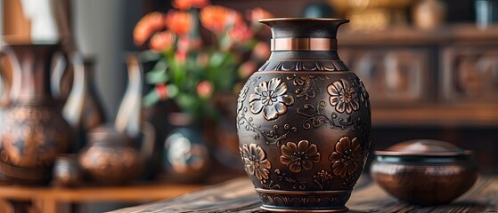 Copper vase with engraved ancient symbols.