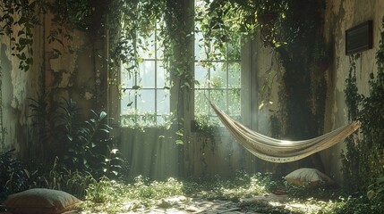 Obraz premium Overgrown Abandoned House with Hammock and Sunlight