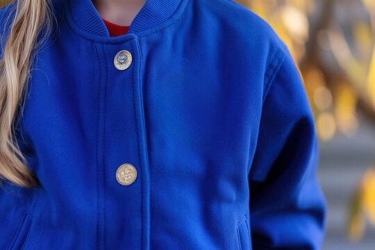 Close-up of a young girl wearing a blue FFA jacket with embroidered emblem. Future Farmers of America logo on the jacket. Girl smiling, wearing uniform, symbol of organization. Atlanta, GA, USA.