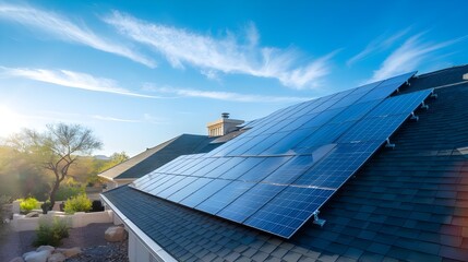 A home with modern solar panels installed on its roof. The sky is clear blue with a few wispy clouds. Solar Powered Clean Energy, Sustainable Resources, Electricity Source