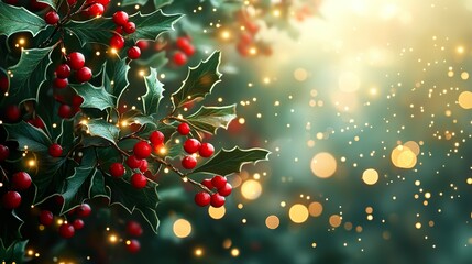 Bright and festive Christmas background with holly leaves, berries, and glowing lights