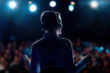 Back view of female motivational speaker wearing headset on stage in corporate auditorium. Performing presentation to large audience of business professionals. Stage well-lit with spotlight shining