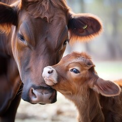 Mother cow tenderly cares for her adorable baby calf in a rich green meadow. Close-up shot of cow and calf interaction, showing maternal love and affection.