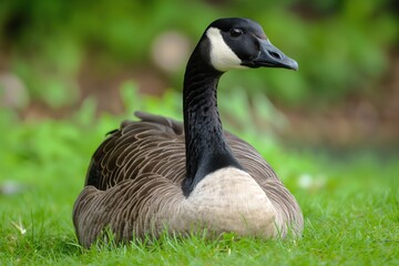 Obraz premium Close-up of Canada goose on green grass with brown feathers. Bird beak, wings prominent. Goose domesticated, found on farm, in park, in natural surroundings. Animal cute appearance makes popular