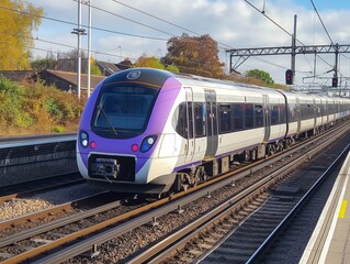 Naklejka premium Elizabeth Line train at Shenfield station. Modern commuter train with sleek design on cloudy day. Train travels on railway track in rural area with scenic background. Stone buildings, iron railings