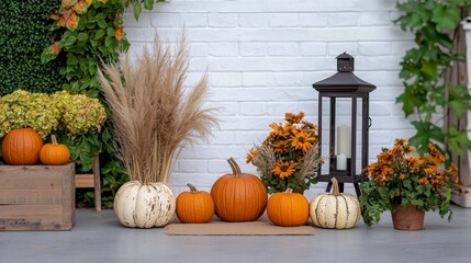 Autumn Decor with Pumpkins and Fall Flowers Display