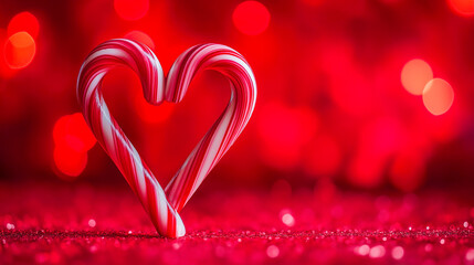Candy cane shaped into a heart resting on a sparkly red surface, with blurred red lights in the background, creating a festive and joyful holiday scene