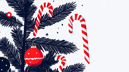 Obraz premium A close-up of a Christmas tree adorned with red and white candy canes and red and black ornaments against a white background with scattered white stars.