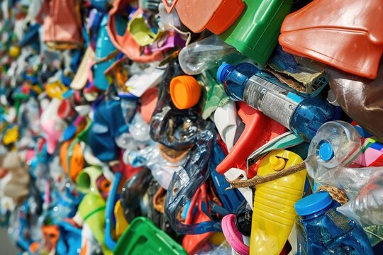 Close-up of large plastic waste heap. Different types of plastic materials are visible. Pile is mix of hard and soft plastics, littering ground. No people are in image, just vast amount of rubbish.
