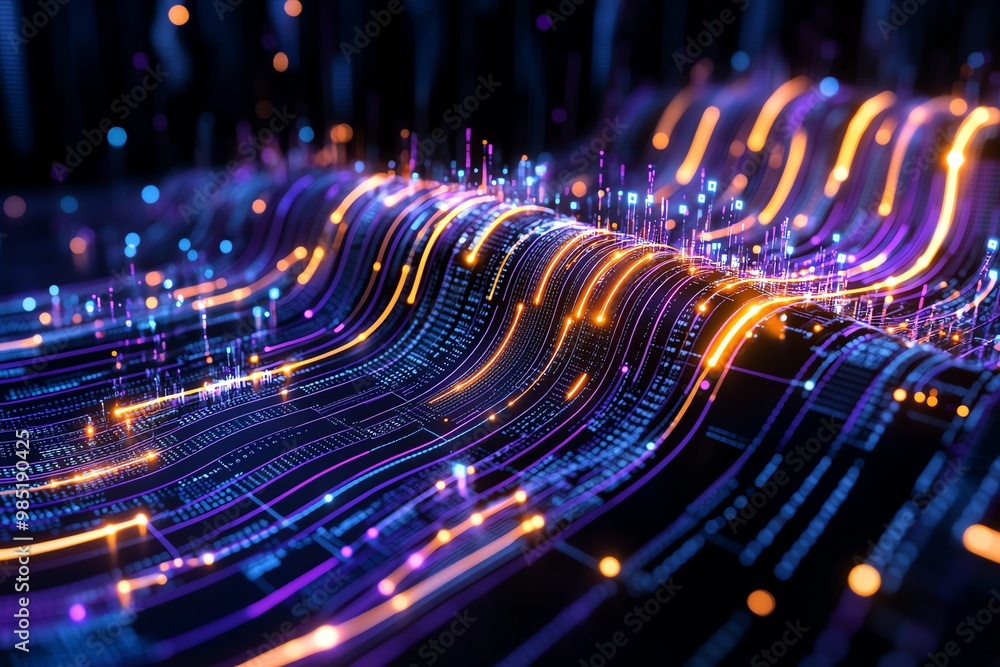 Poster Abstract business analytics flow, with vibrant lines and dots forming a dynamic data visualization