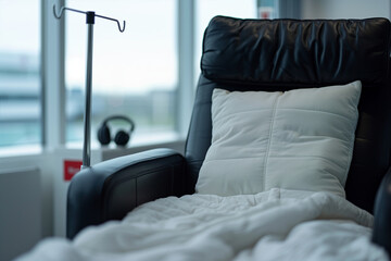 Modern ketamine infusion clinic with a waiting black leather medical chair and iv stand for patient comfort