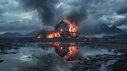 Fototapeta premium Dilapidated house with red roof surrounded by barren landscape, smoke billowing from top left corner creates eerie atmosphere. Small stream runs through center of frame in clouds-filled sky casting