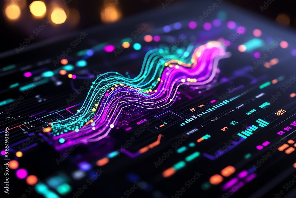 Poster abstract business data visualization, with colorful lines, dots, and segments representing key analy