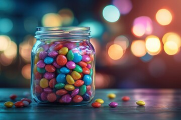 A Glass Jar Filled with Colorful Candy on a Wooden Table