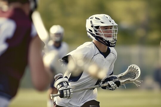Young boy lacrosse player wearing helmet, protective gear runs on grass sports field. Close-up of boy face, arm movement. Lacrosse stick in hand, gloves, pads visible. Action-packed scene in daylight