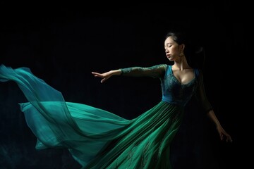 Southeast Asian woman in a green dress performs a ballet move on a black background. Elegant and emotional dancer with a classic style. Beautiful and artistic ballerina pose in a fantasy setting.