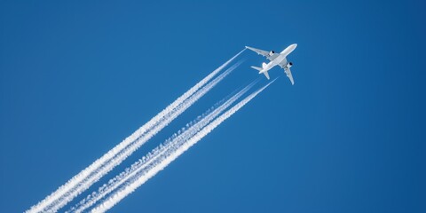 White aircraft in distance flies high in clear blue sky. Contrails form behind plane in panoramic...