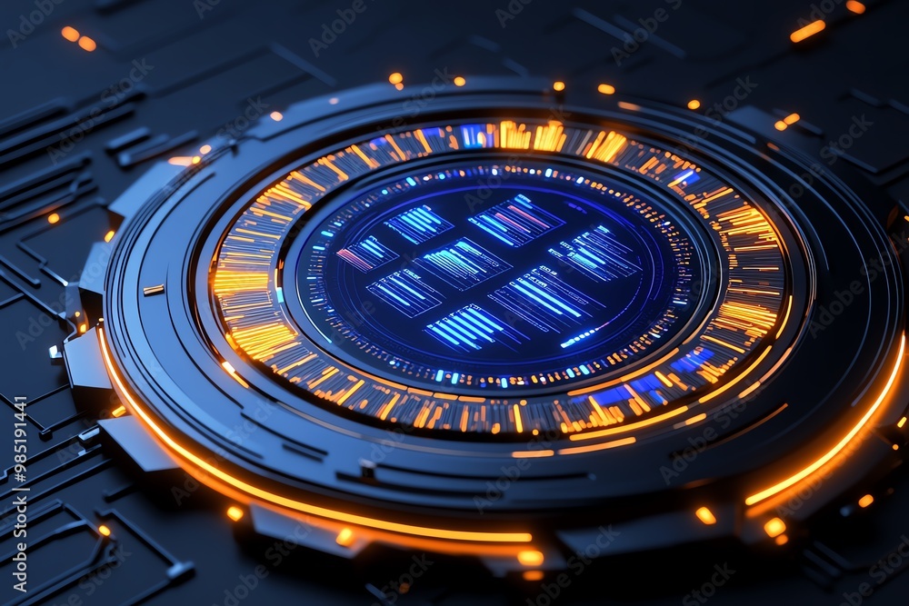 Poster Abstract circular chart, with glowing segments representing key business data points