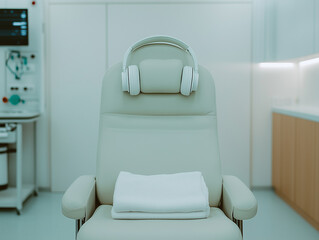 Ketamine Infusion Clinic with white headphones rest on a beige medical chair with a folded white towel in a brightly lit treatment room