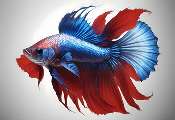 Fototapeta premium A red and blue Siamese fighting fish, also known as a betta fish, with flowing fins and vibrant colors against a plain white background