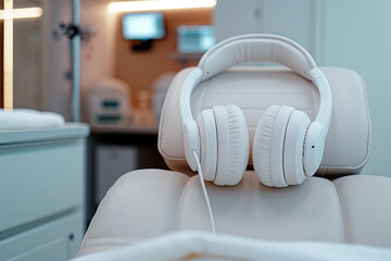 Modern Therapeutic Ketamine Clinic with white headphones are lying on a chair in a medical clinic room, waiting for the next patient