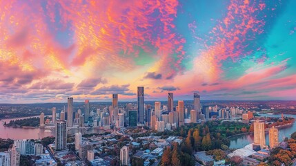 Brisbane cityscape with vibrant sky as background. Aerial view of skyscrapers, buildings, architecture in Australia urban landscape. Scenic landscape with colorful sunset, cityscape, urban