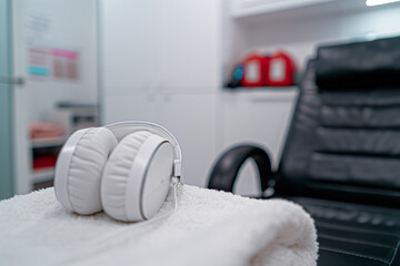 Ketamine Clinic room with white headphones on a towel with an empty black leather therapy chair