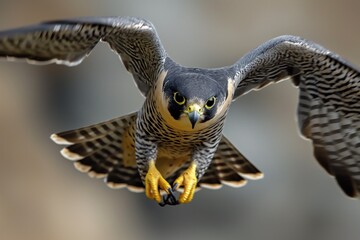 Close-up of peregrine falcon in mid-flight. Bird of prey soars through sky with white and grey spotted plumage. Fast and agile predator spreads wings, showing off feathers.