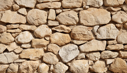 Natural old beige stone wall textured background. Close up. Copy space.