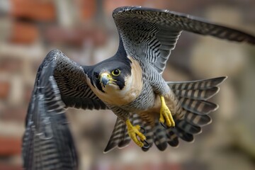 Fast flying peregrine falcon in mid-air. Close-up of falconidae bird of prey with white and grey spotted plumage. Sharp wing feathers, sharp beak, and sharp eyesight.