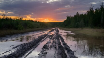 A dirt road with mud and grass. The road is partially submerged in water, with muddy water on one side and grass on the other. The road is surrounded by dense forest.