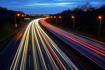 Fast moving traffic creates light trails on M42 motorway at night. Cars, vans, lorries, and buses travel quickly along highway. Expressway is busy during evening, with traffic speed and movement.