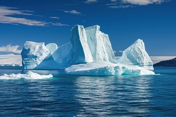 Landscape of icy sea with massive icebergs in Greenland. Arctic climate with blue ocean, snow-capped mountains, frosty texture, and glaciers. Cold, rugged, and serene scene.