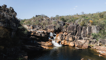 aerial photo of waterfall in Chapada dos Veadeiros National Park, Goiás, Brazil