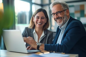 Obraz premium Two middle-aged business professionals smiling confidently at office desk. Man and woman work together, use laptop for project. Happy and successful colleagues collaborate, manage business.
