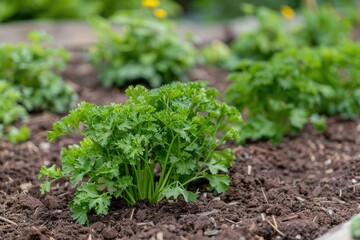 Fresh parsley plants in garden bed. This image is perfect for websites or articles about gardening and herbs.