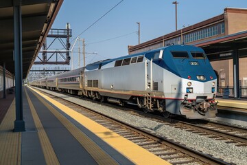 Obraz premium Amtrak train stopped at station. Modern railroad platform with passengers boarding, departing. Urban building in background, blue sky with spring foliage. Public transportation hub in Massachusetts,