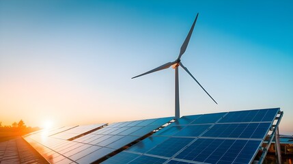 A windmill wind turbine and solar cell panels against a clear blue sky at sunset. The windmill turbine is in the foreground, with its blades rotating in the wind. Renewable electricity energy.