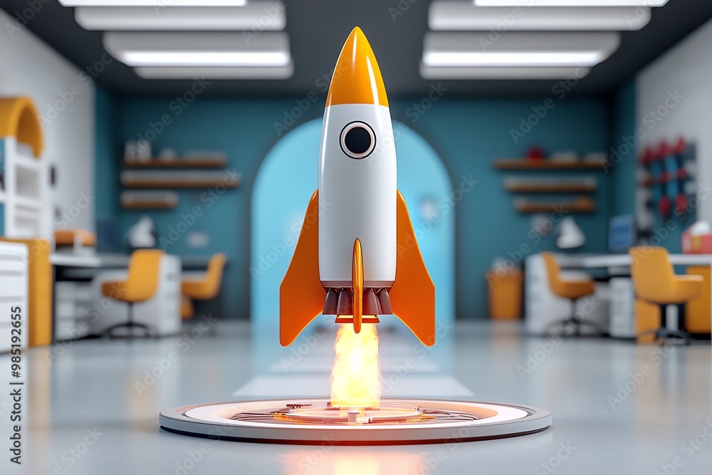 Poster Abstract futuristic rocket, launching upward from a clean, modern workspace in an accelerator program