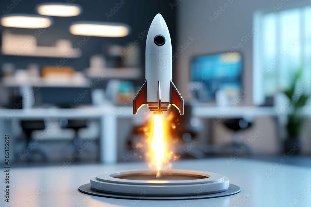 Poster Abstract futuristic rocket, launching upward from a clean, modern workspace in an accelerator program