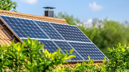 Solar Panels Installed on Rooftop Amidst Greenery