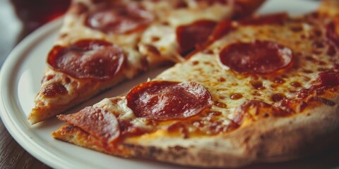 Close-up view of a dish featuring two slices of pepperoni pizza