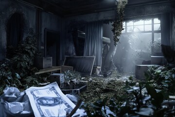 Gray floor, white walls room with scattered objects. White dollar bill, vase, bowl, book. Objects create disarray, single light source casts long shadows. Textures of objects highlighted.