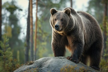 Fototapeta premium Close-up of grizzly bear on rocky outcropping in Finnish forest. Bear fur appears thick and brown. Blurry greenery surrounds bear, emphasizing its rugged appearance. Wild animal in natural setting.